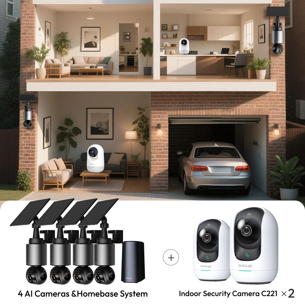 Paquete de seguridad para el hogar: cámara exterior W510 de 4 cámaras + cámara interior C221 (2 paquetes)